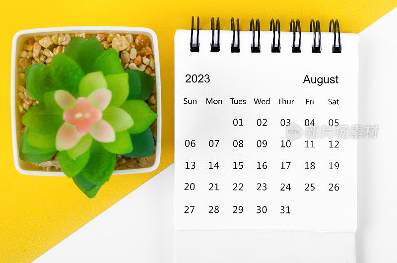 The August 2023 Monthly desk calendar for 2023 year with small tree on yellow background.